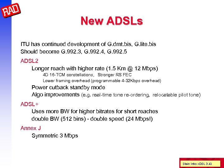 New ADSLs ITU has continued development of G. dmt. bis, G. lite. bis Should