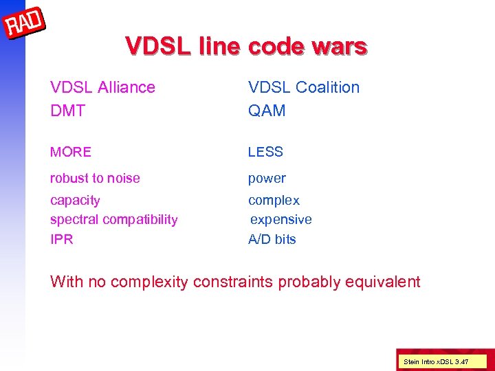 VDSL line code wars VDSL Alliance DMT VDSL Coalition QAM MORE LESS robust to