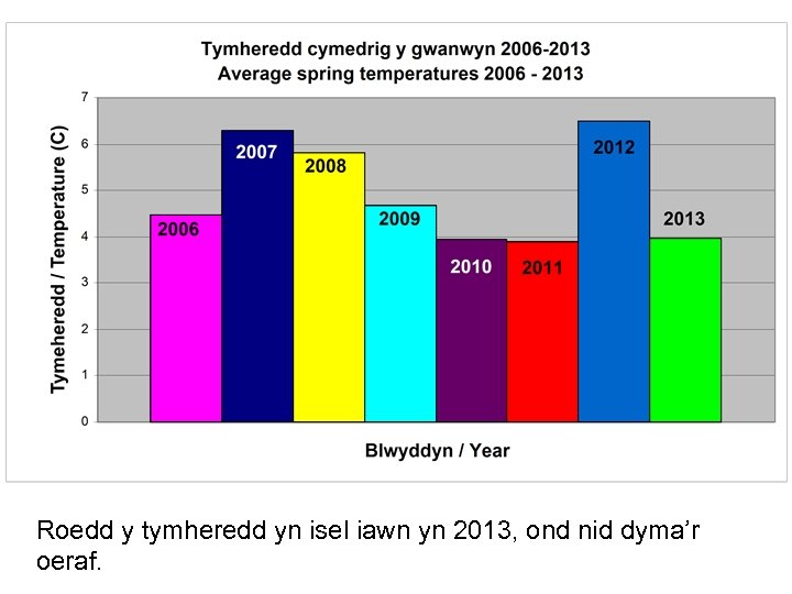 Roedd y tymheredd yn isel iawn yn 2013, ond nid dyma’r oeraf. 