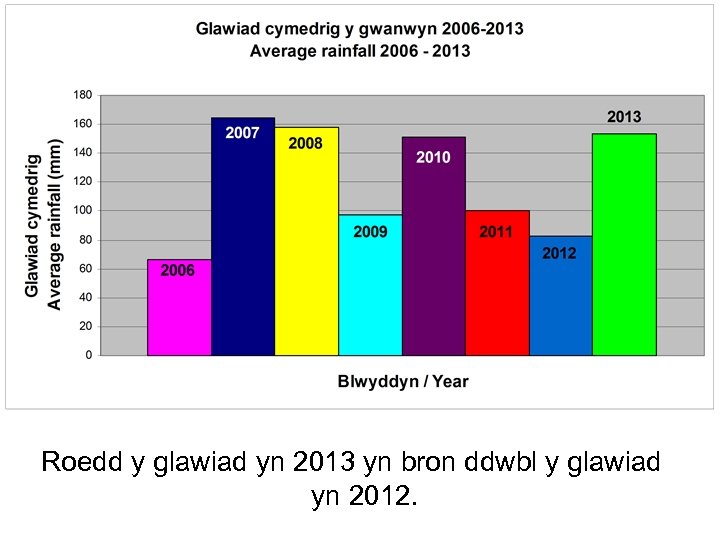 Roedd y glawiad yn 2013 yn bron ddwbl y glawiad yn 2012. 