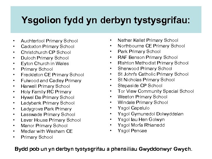 Ysgolion fydd yn derbyn tystysgrifau: • • • • • Auchtertool Primary School Cadoxton
