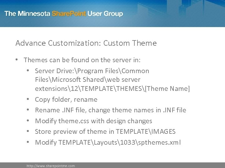 Advance Customization: Custom Theme • Themes can be found on the server in: •