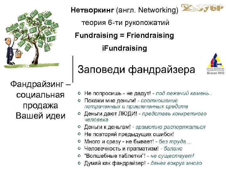 Нетворкинг (англ. Networking) теория 6 -ти рукопожатий Fundraising = Friendraising i. Fundraising Фандрайзинг –