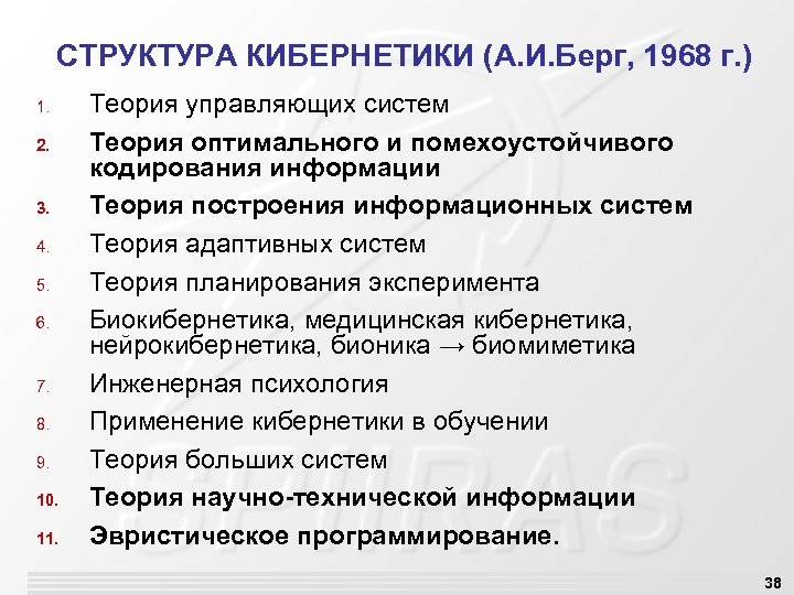 СТРУКТУРА КИБЕРНЕТИКИ (А. И. Берг, 1968 г. ) 1. 2. 3. 4. 5. 6.