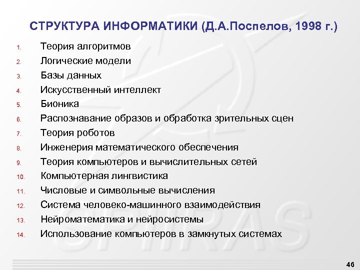 СТРУКТУРА ИНФОРМАТИКИ (Д. А. Поспелов, 1998 г. ) 1. 2. 3. 4. 5. 6.