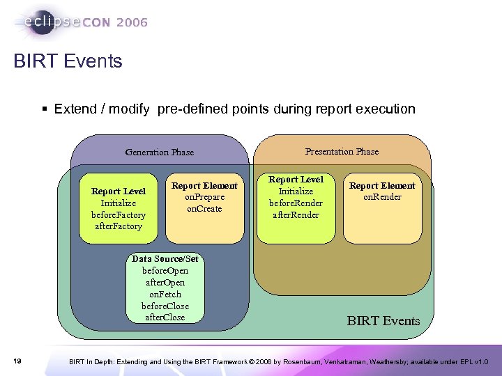 BIRT Events § Extend / modify pre-defined points during report execution Generation Phase Report