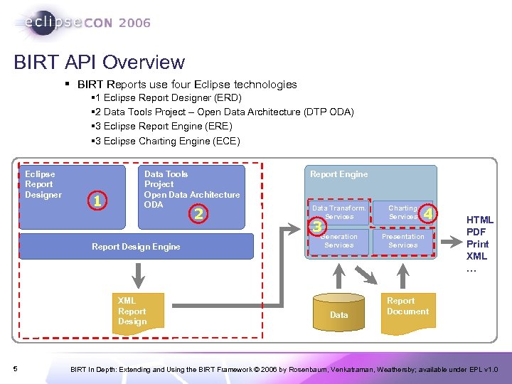 BIRT API Overview § BIRT Reports use four Eclipse technologies § 1 Eclipse Report