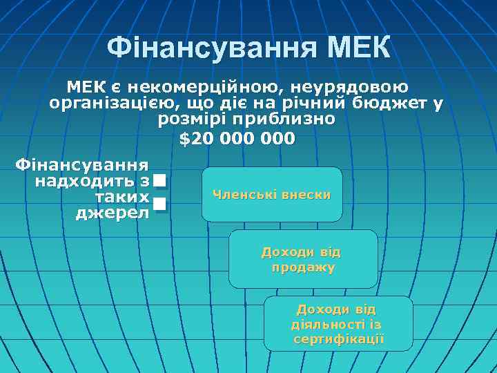 Фінансування МЕК є некомерційною, неурядовою організацією, що діє на річний бюджет у розмірі приблизно