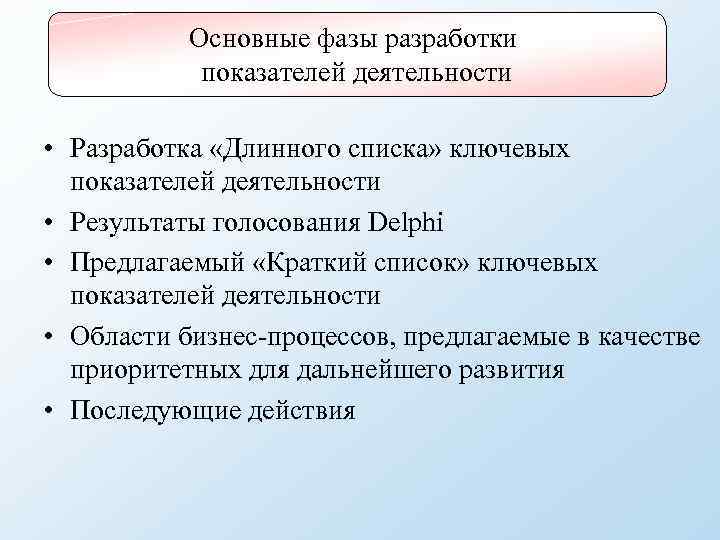 Основные фазы разработки показателей деятельности • Разработка «Длинного списка» ключевых показателей деятельности • Результаты