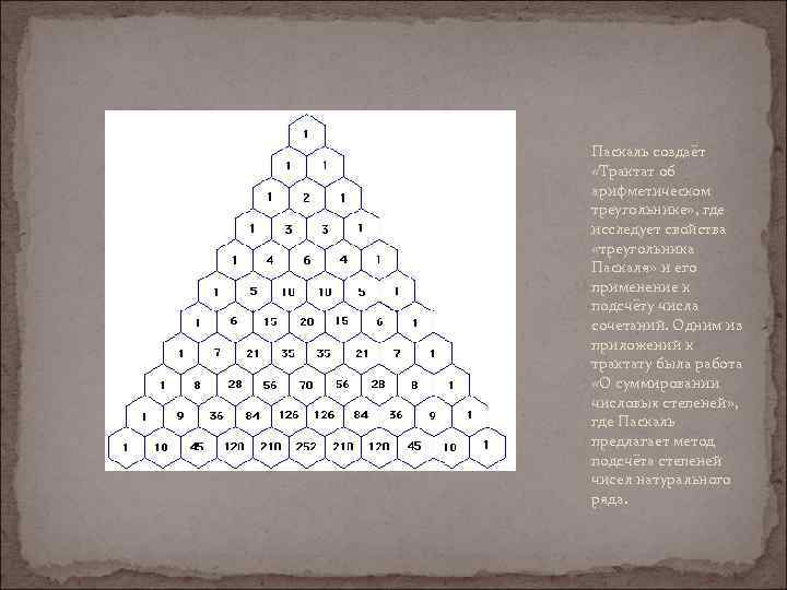 Паскаль создаёт «Трактат об арифметическом треугольнике» , где исследует свойства «треугольника Паскаля» и его