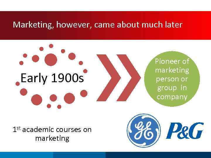 Marketing, however, came about much later Early 1900 s 1 st academic courses on