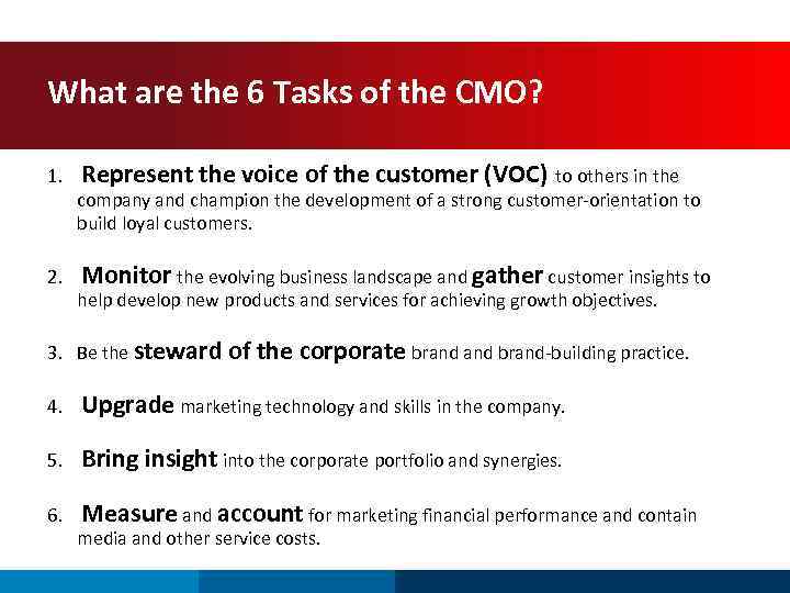 What are the 6 Tasks of the CMO? 1. 2. Represent the voice of