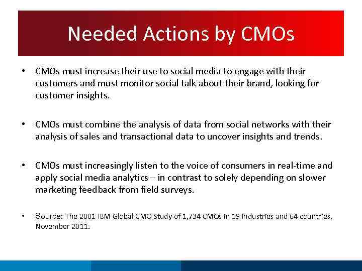 Needed Actions by CMOs • CMOs must increase their use to social media to