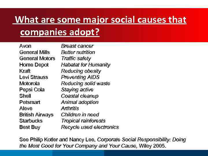  What are some major social causes that companies adopt? Avon General Mills General