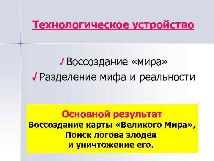 Технологическое устройство √ Воссоздание «мира» √ Разделение мифа и реальности Основной результат Воссоздание карты