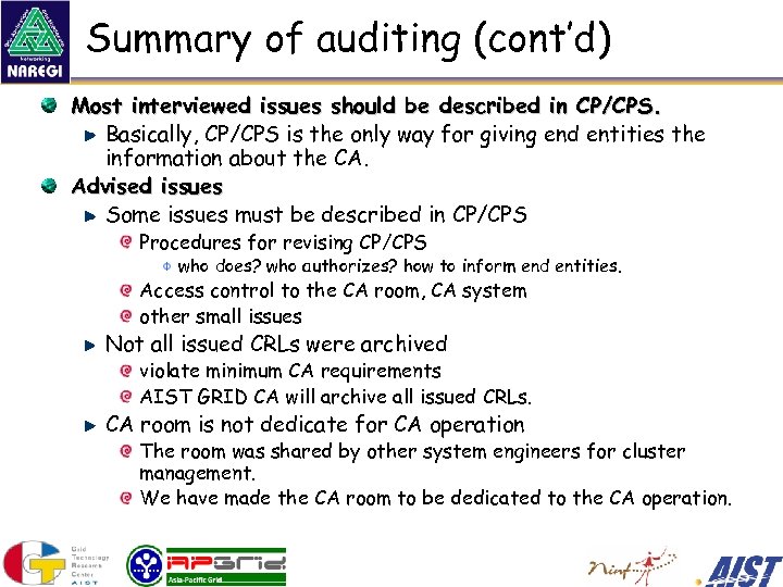 Summary of auditing (cont’d) Most interviewed issues should be described in CP/CPS. Basically, CP/CPS