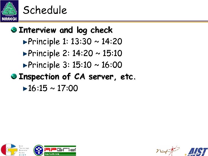 Schedule Interview and log check Principle 1: 13: 30 ~ 14: 20 Principle 2: