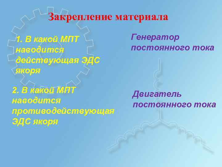 Закрепление материала 1. В какой МПТ наводится действующая ЭДС якоря 2. В какой МПТ