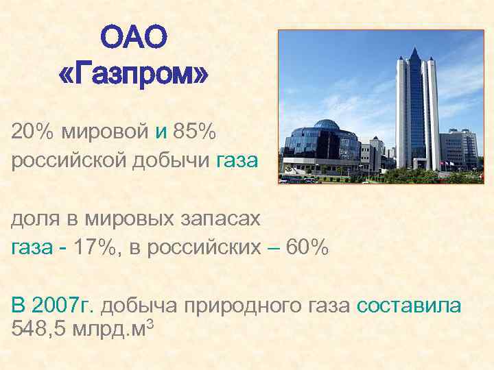 ОАО «Газпром» 20% мировой и 85% российской добычи газа доля в мировых запасах газа