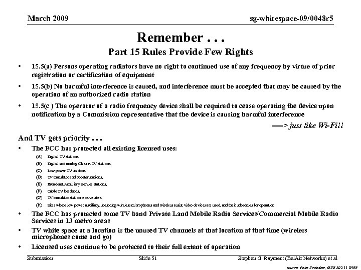 sg-whitespace-09/0048 r 5 March 2009 Remember. . . Part 15 Rules Provide Few Rights