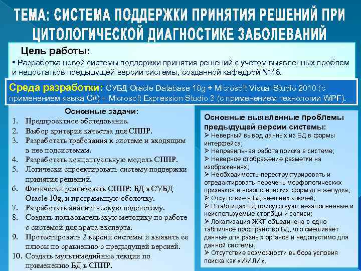 Цель работы: • Разработка новой системы поддержки принятия решений с учетом выявленных проблем и