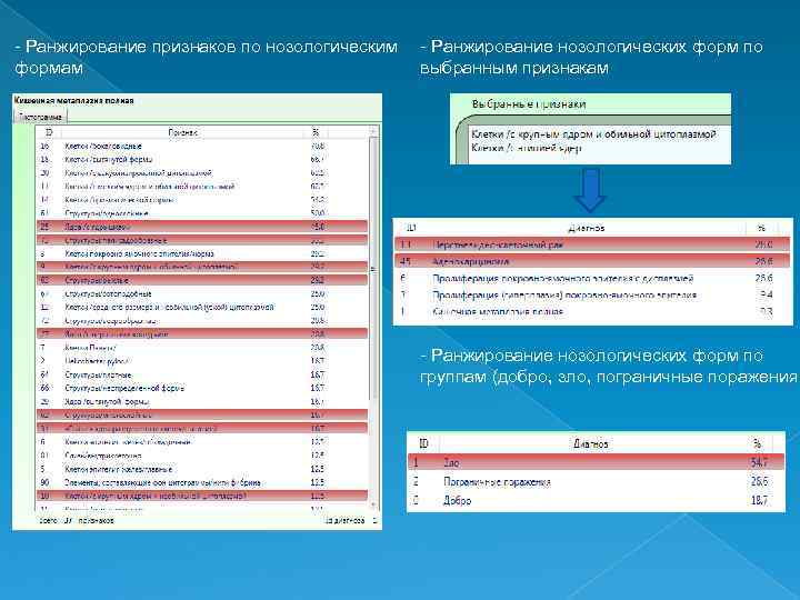 - Ранжирование признаков по нозологическим формам - Ранжирование нозологических форм по выбранным признакам -