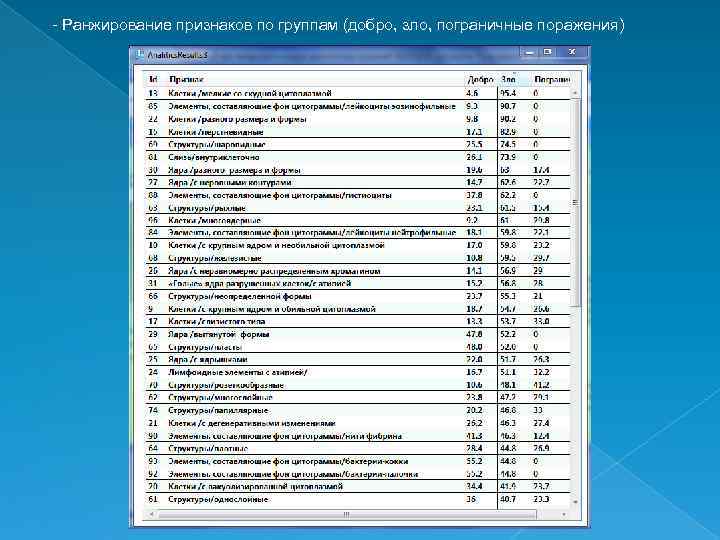 - Ранжирование признаков по группам (добро, зло, пограничные поражения) 