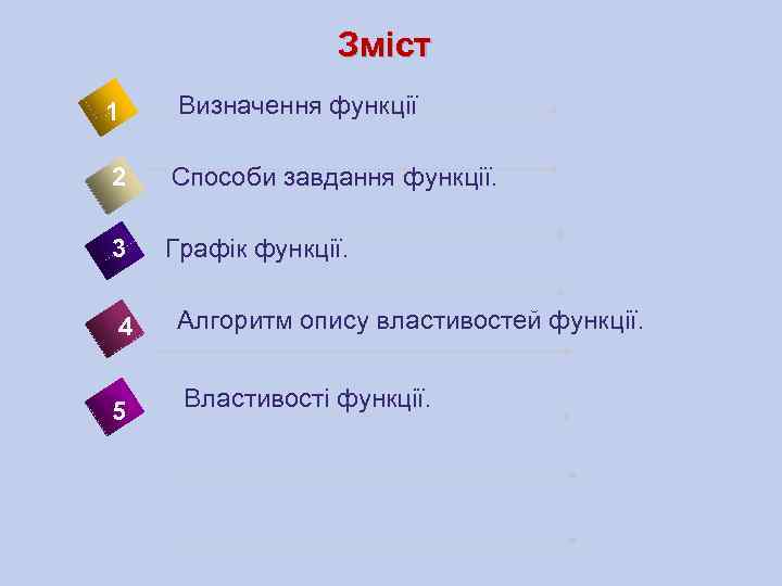 Зміст 1 Визначення функції 2 Способи завдання функції. 3 Графік функції. 4 Алгоритм опису