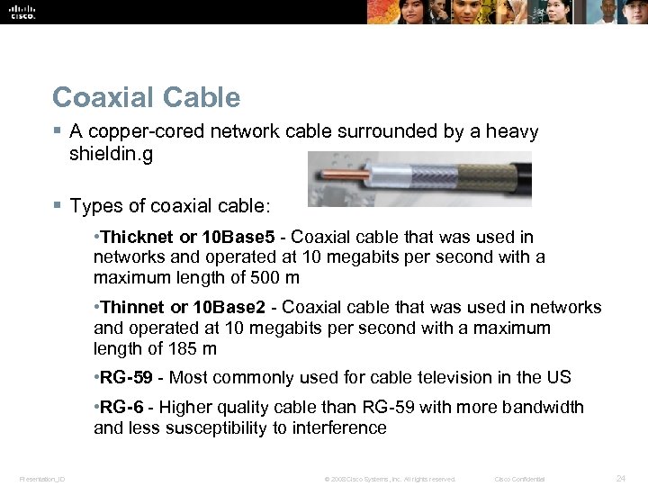 Coaxial Cable § A copper-cored network cable surrounded by a heavy shieldin. g §