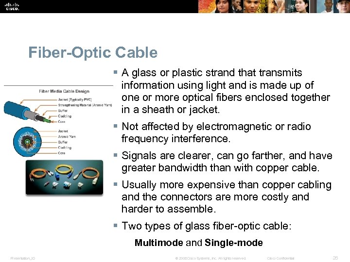 Fiber-Optic Cable § A glass or plastic strand that transmits information using light and