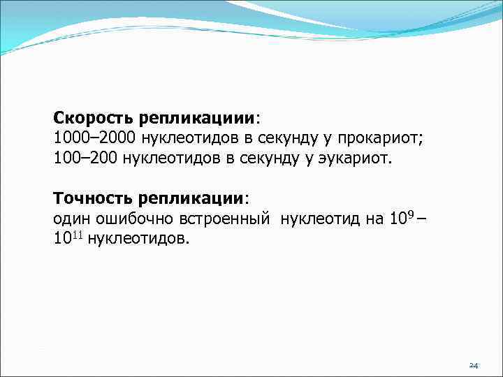 Скорость репликациии: 1000– 2000 нуклеотидов в секунду у прокариот; 100– 200 нуклеотидов в секунду