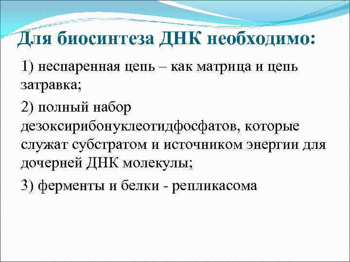 Для биосинтеза ДНК необходимо: 1) неспаренная цепь – как матрица и цепь затравка; 2)