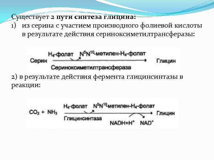 Существует 2 пути синтеза глицина: 1) из серина с участием производного фолиевой кислоты в