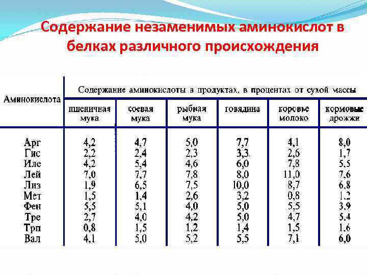 Содержание незаменимых аминокислот в белках различного происхождения 