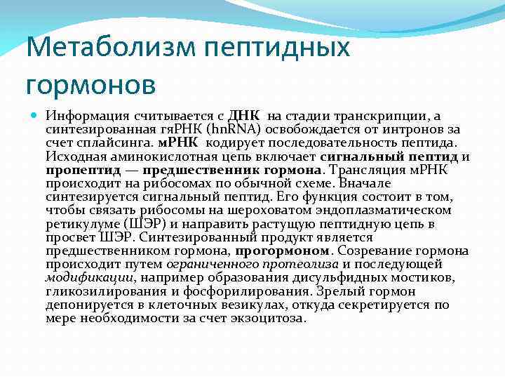 Метаболизм пептидных гормонов Информация считывается с ДНК на стадии транскрипции, а синтезированная гя. РНК