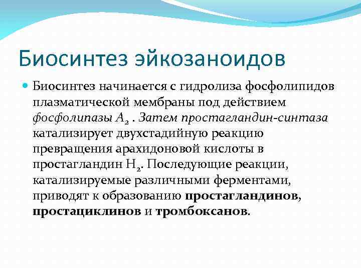 Биосинтез эйкозаноидов Биосинтез начинается с гидролиза фосфолипидов плазматической мембраны под действием фосфолипазы А 2.