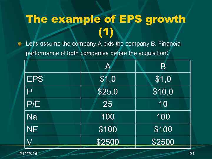 The example of EPS growth (1) Let’s assume the company А bids the company