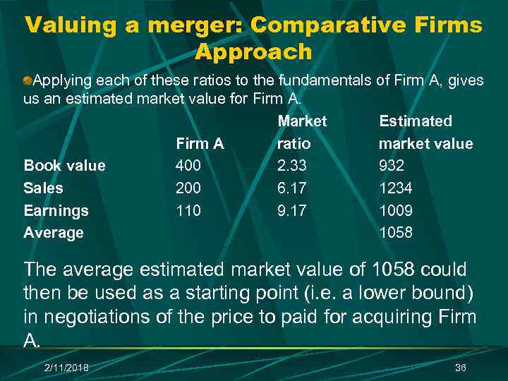 Valuing a merger: Comparative Firms Approach Applying each of these ratios to the fundamentals