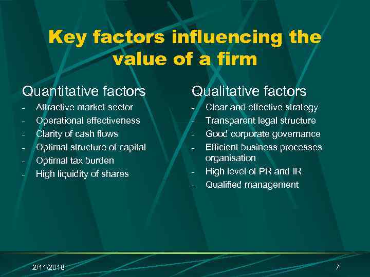 Key factors influencing the value of a firm Quantitative factors - Attractive market sector