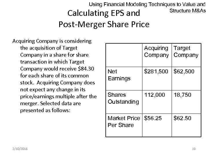 Using Financial Modeling Techniques to Value and Structure M&As Calculating EPS and Post-Merger Share