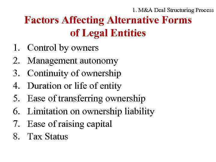 1. M&A Deal Structuring Process Factors Affecting Alternative Forms of Legal Entities 1. 2.