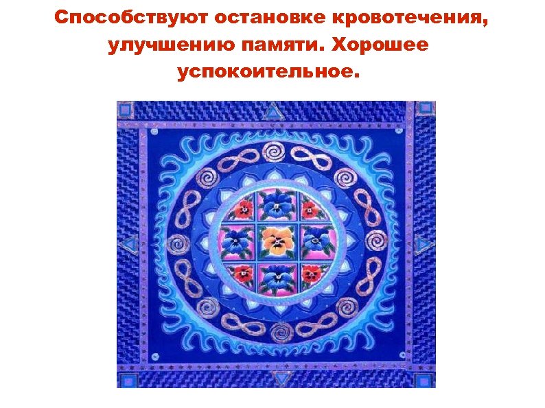 Способствуют остановке кровотечения, улучшению памяти. Хорошее успокоительное. 