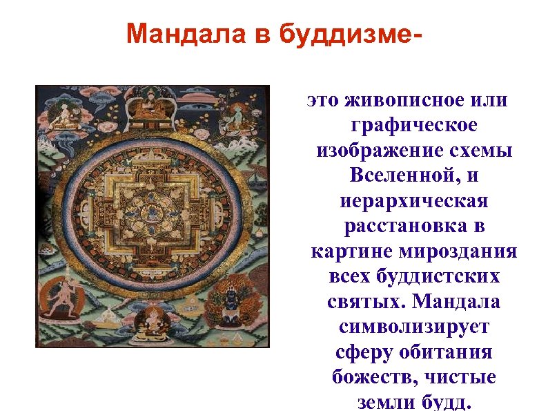 Мандала в буддизмеэто живописное или графическое изображение схемы Вселенной, и иерархическая расстановка в картине