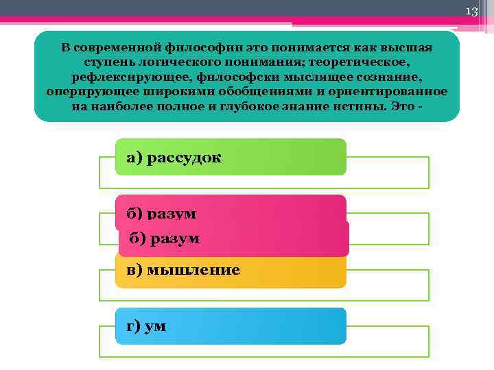 13 В современной философии это понимается как высшая ступень логического понимания; теоретическое, рефлексирующее, философски