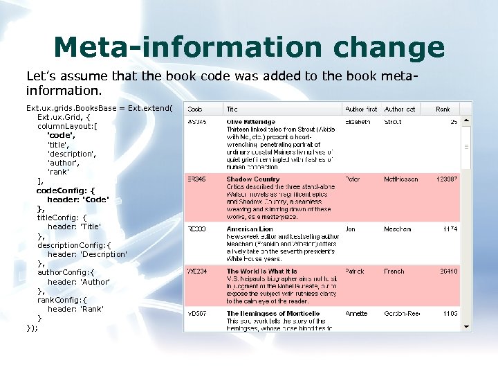 Meta-information change Let’s assume that the book code was added to the book metainformation.