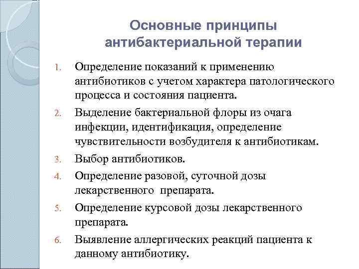 Основные принципы антибактериальной терапии 1. 2. 3. 4. 5. 6. Определение показаний к применению