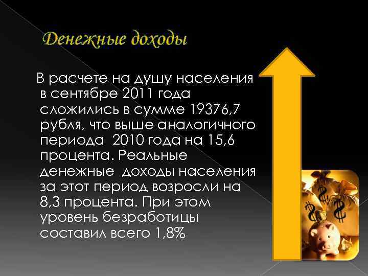 Денежные доходы В расчете на душу населения в сентябре 2011 года сложились в сумме