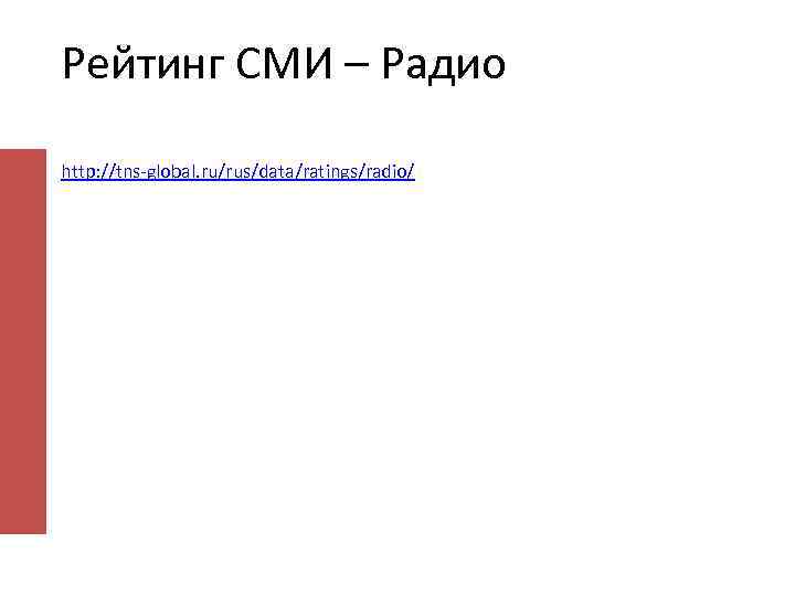 Рейтинг СМИ – Радио http: //tns-global. ru/rus/data/ratings/radio/ 