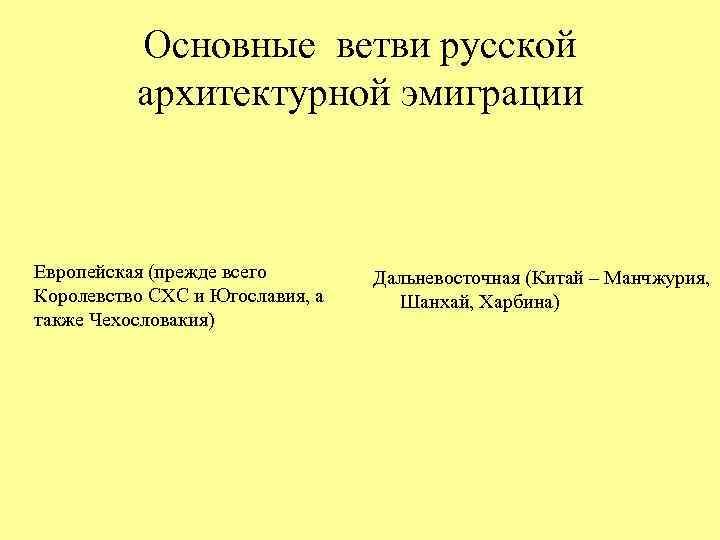 Основные ветви русской архитектурной эмиграции Европейская (прежде всего Королевство СХС и Югославия, а также
