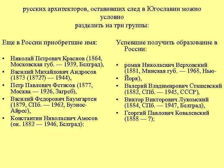 русских архитекторов, оставивших след в Югославии можно условно разделить на три группы: Еще в